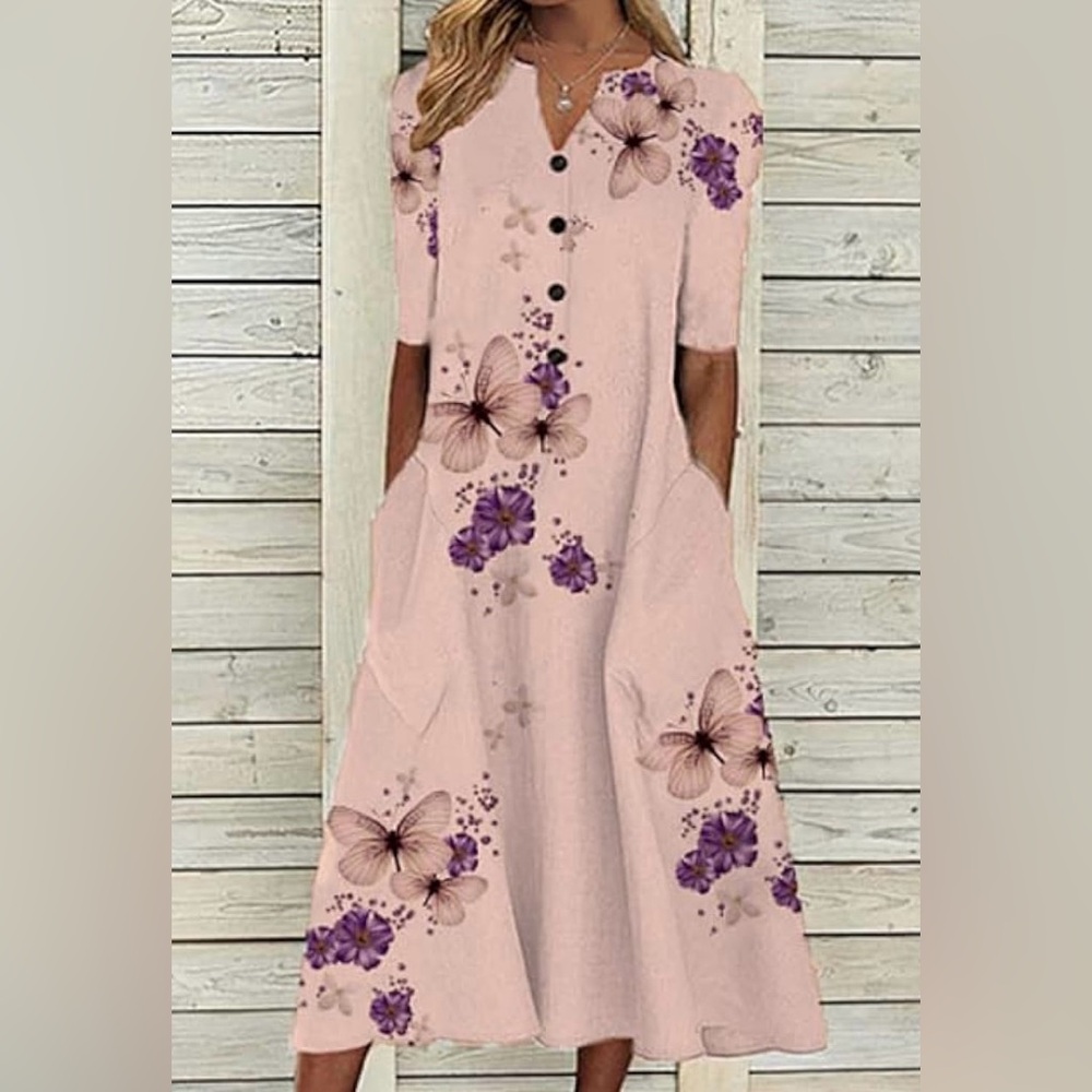 Pink Floral Maxi Dress With Purple Butterfly Accents